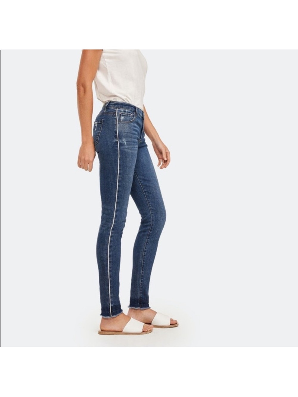 Blue Revival Skinny Jeans White Side Stripe Raw Hem